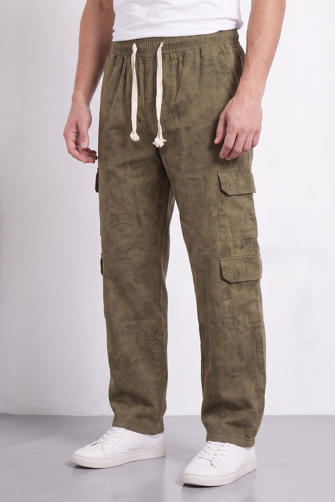 Beige Mens 7 Pocket Cargo Pants with Elasticated Waist & Drawstring Closure | Utility Casual Trousers