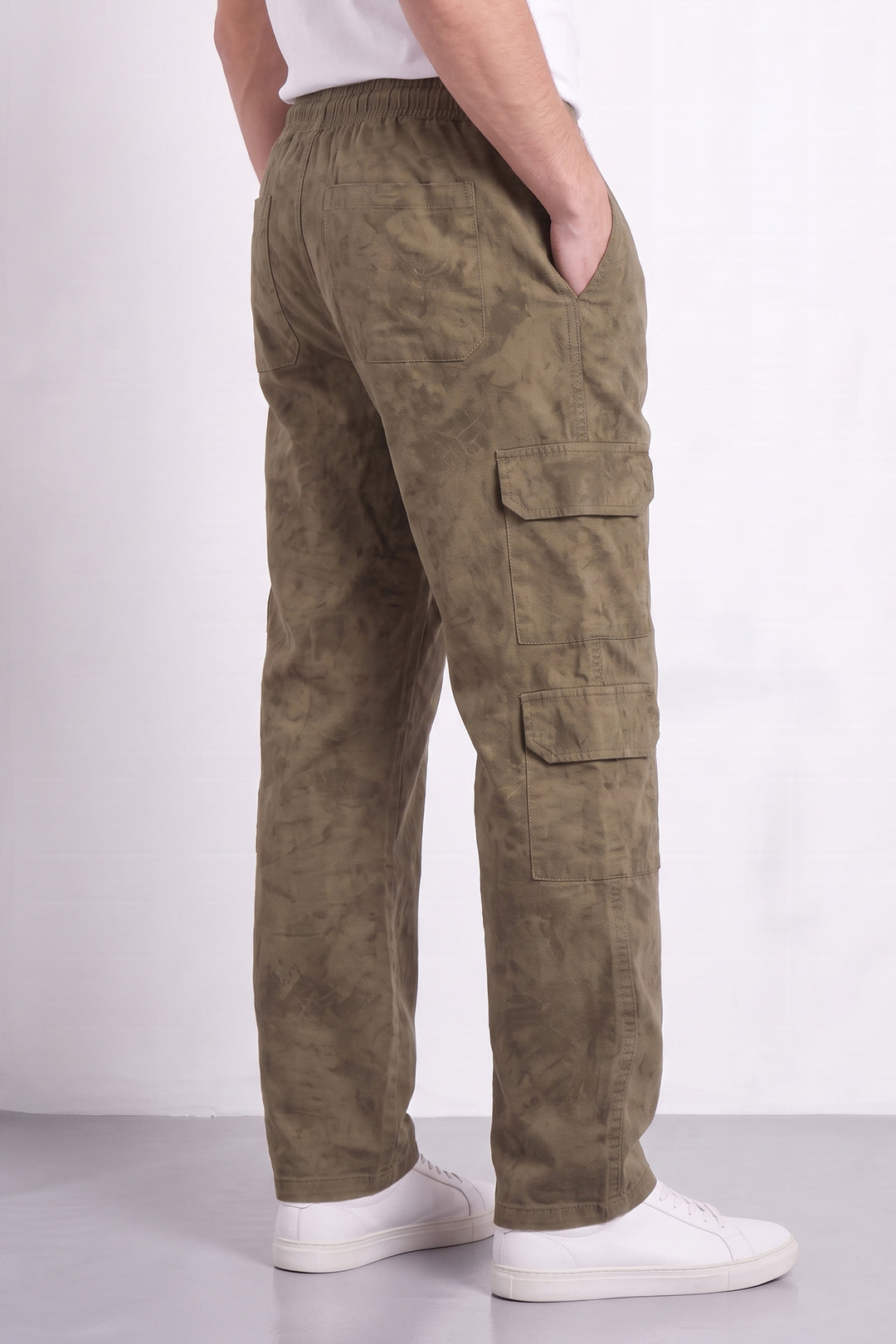 Beige Mens 7 Pocket Cargo Pants with Elasticated Waist & Drawstring Closure | Utility Casual Trousers