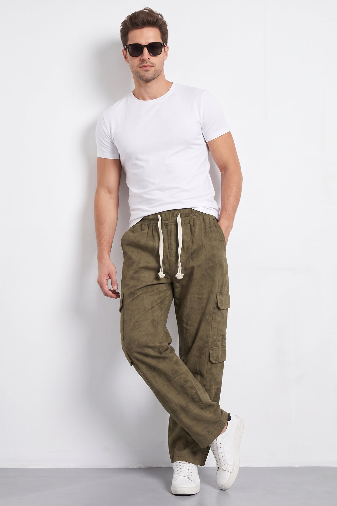 Beige Mens 7 Pocket Cargo Pants with Elasticated Waist & Drawstring Closure | Utility Casual Trousers
