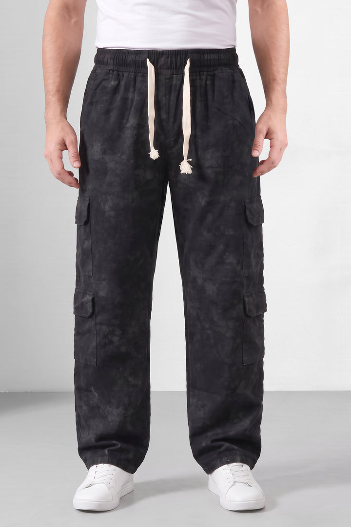 Black Mens 7 Pocket Cargo Pants with Elasticated Waist & Drawstring Closure
