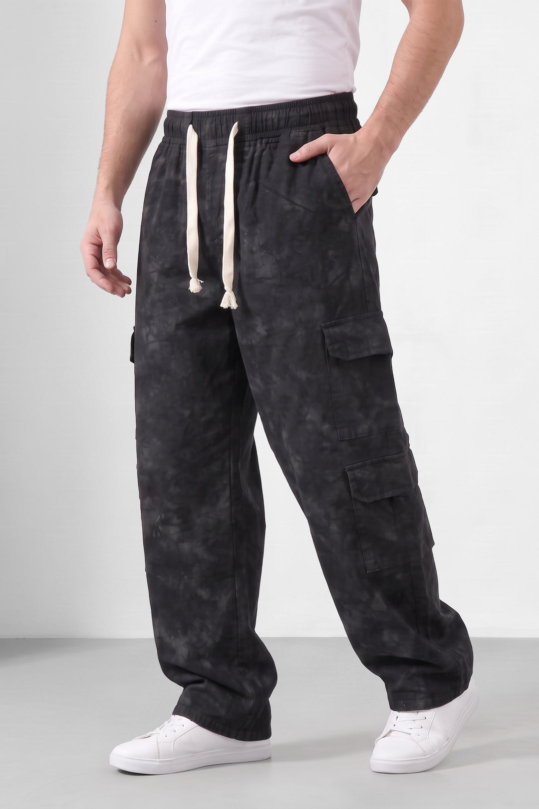 Black Mens 7 Pocket Cargo Pants with Elasticated Waist & Drawstring Closure