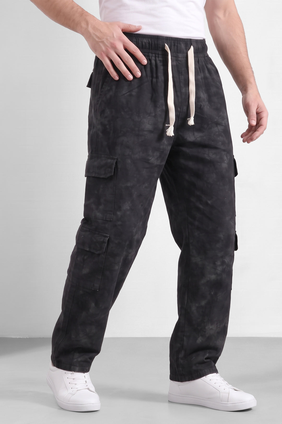 Black Mens 7 Pocket Cargo Pants with Elasticated Waist & Drawstring Closure