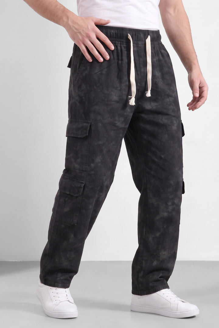 Black Mens 7 Pocket Cargo Pants with Elasticated Waist & Drawstring Closure