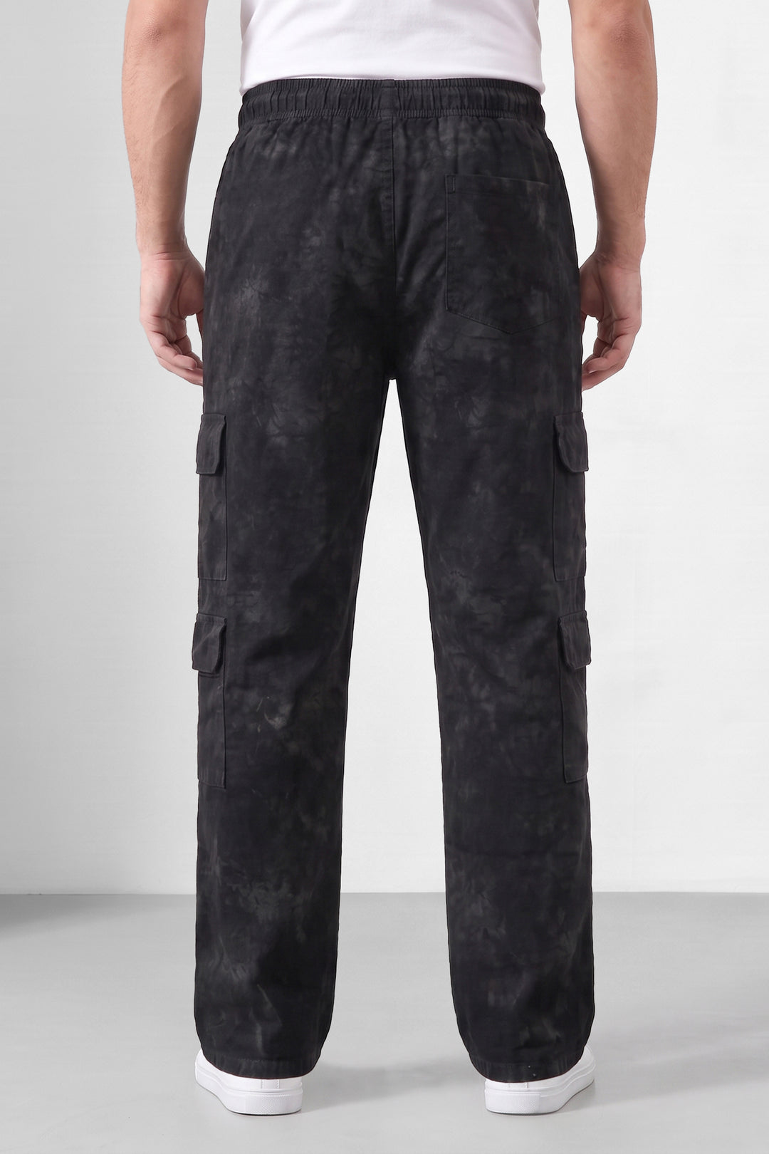 Black Mens 7 Pocket Cargo Pants with Elasticated Waist & Drawstring Closure