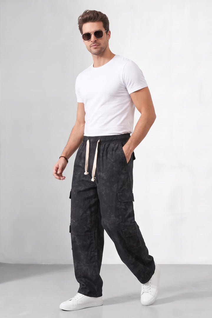 Black Mens 7 Pocket Cargo Pants with Elasticated Waist & Drawstring Closure