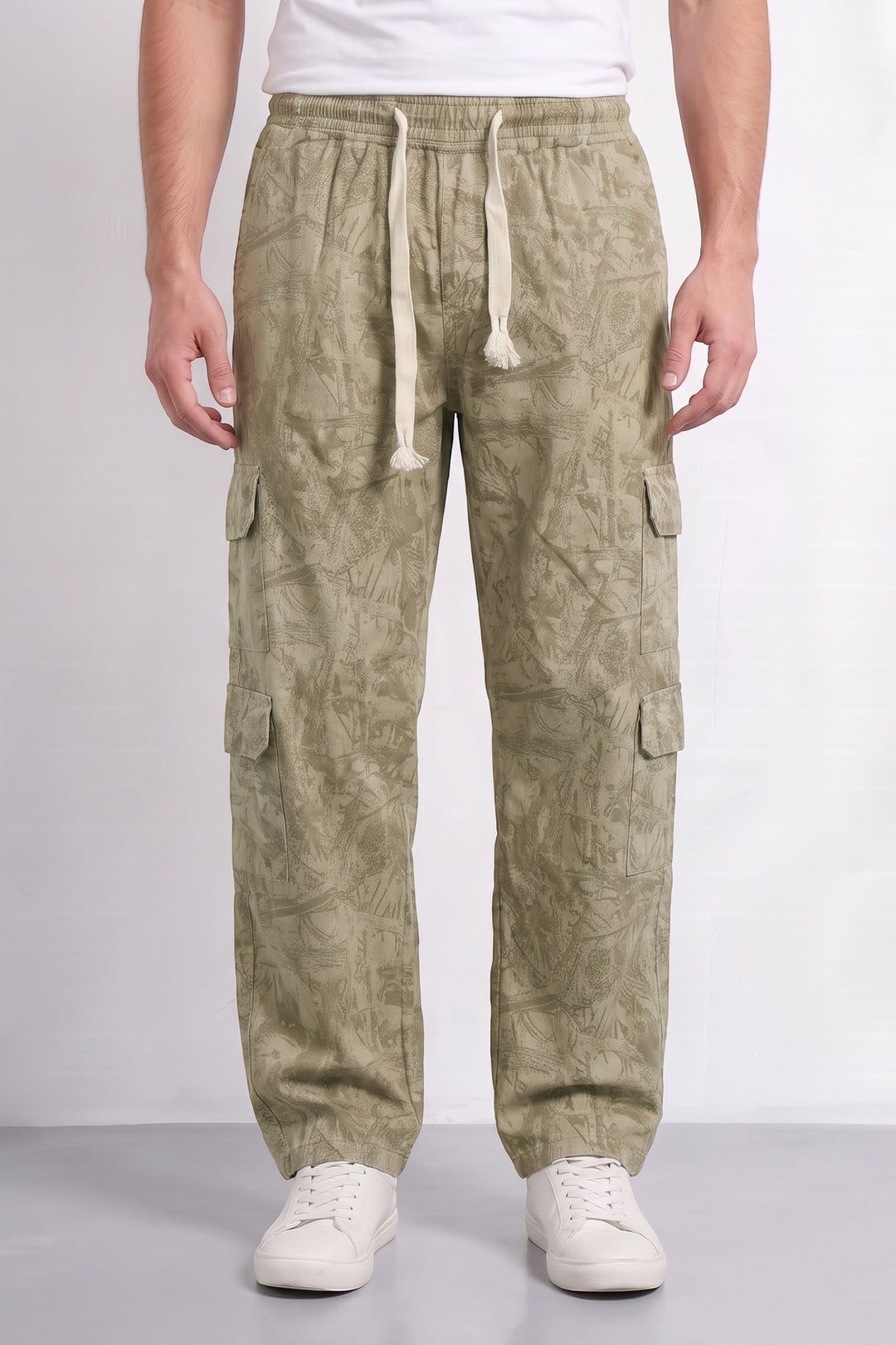 Cream Mens 7 Pocket Cargo Pants with Elasticated Waist & Drawstring Closure