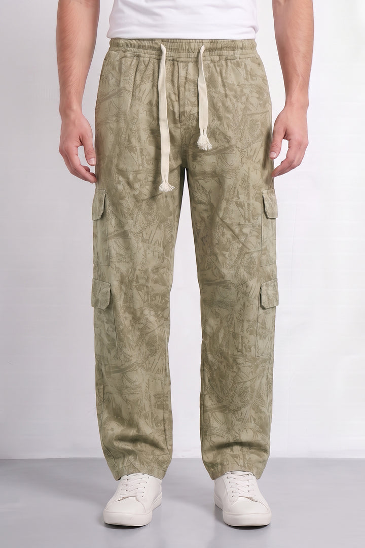 Cream Mens 7 Pocket Cargo Pants with Elasticated Waist & Drawstring Closure