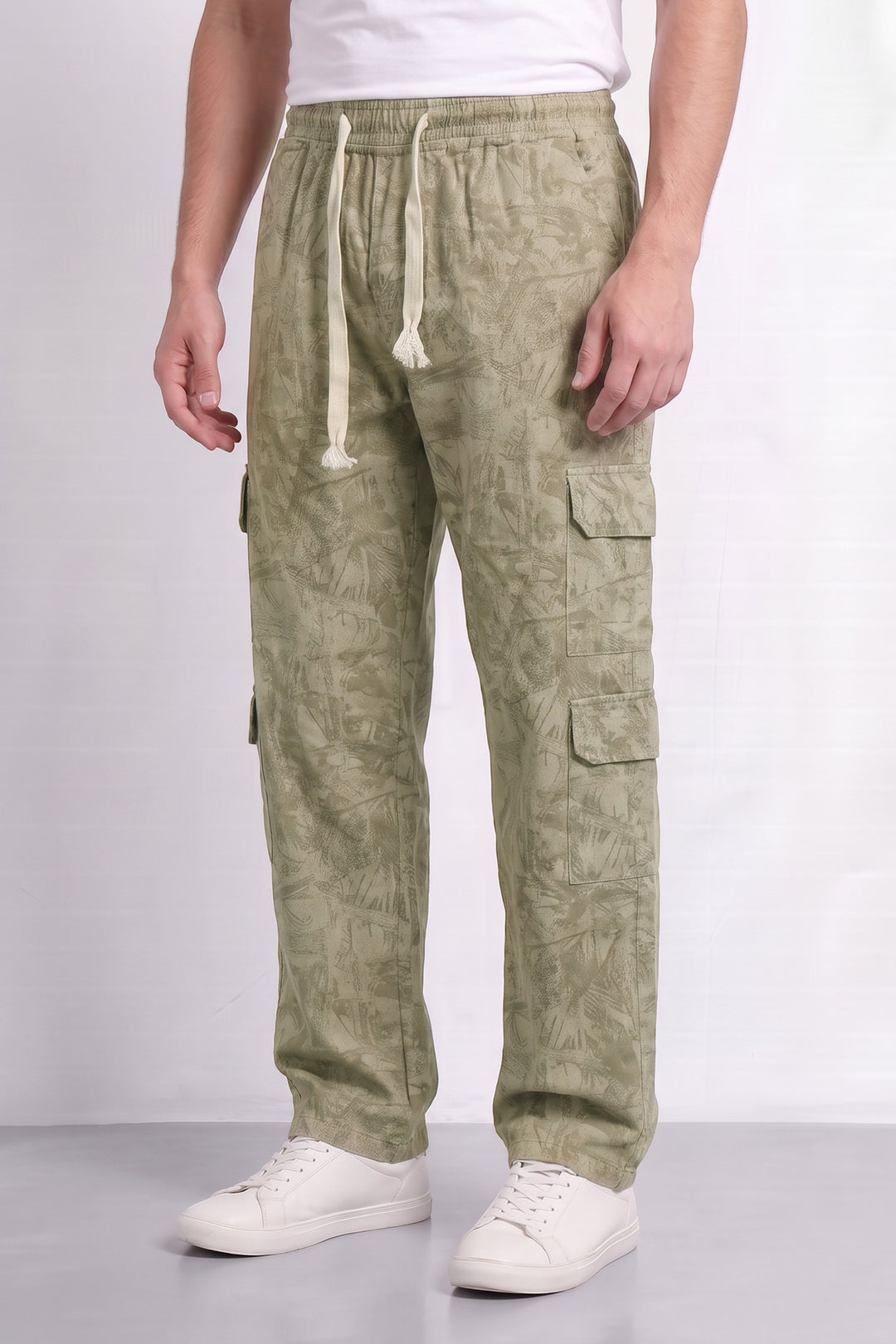 Cream Mens 7 Pocket Cargo Pants with Elasticated Waist & Drawstring Closure