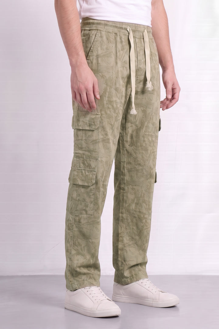 Cream Mens 7 Pocket Cargo Pants with Elasticated Waist & Drawstring Closure
