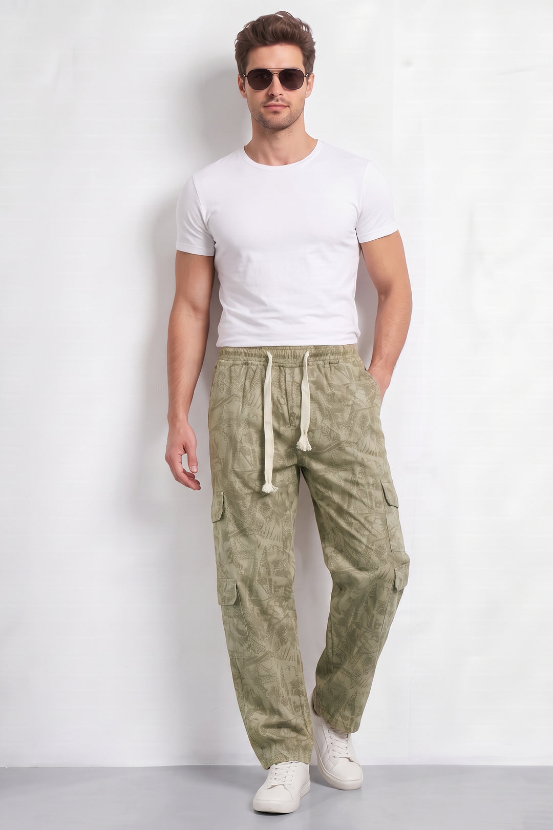 Cream Mens 7 Pocket Cargo Pants with Elasticated Waist & Drawstring Closure