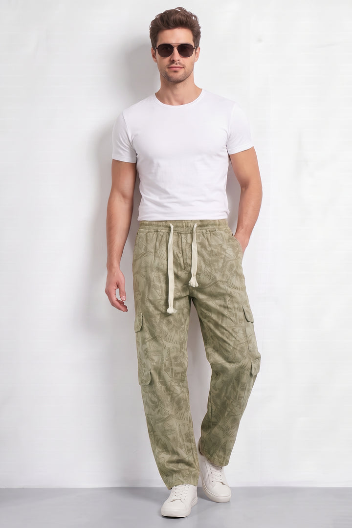 Cream Mens 7 Pocket Cargo Pants with Elasticated Waist & Drawstring Closure
