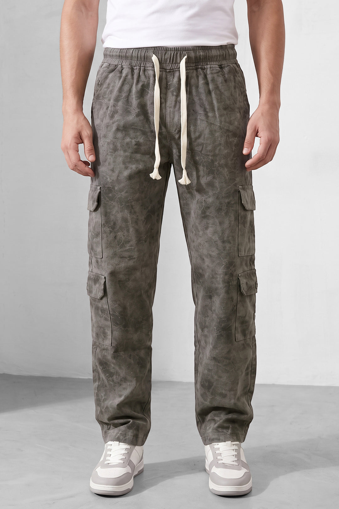 Grey Mens 7 Pocket Cargo Pants with Elasticated Waist & Drawstring Closure