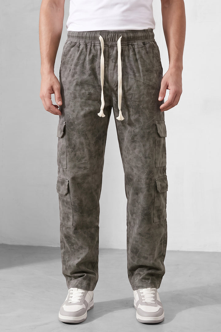 Grey Mens 7 Pocket Cargo Pants with Elasticated Waist & Drawstring Closure