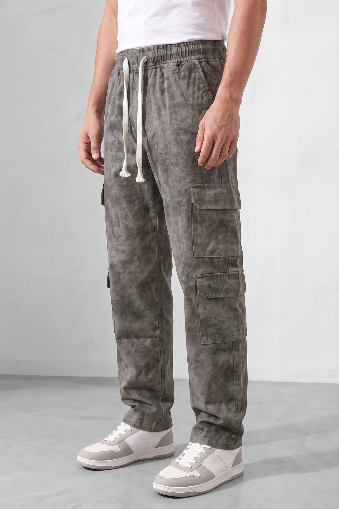 Grey Mens 7 Pocket Cargo Pants with Elasticated Waist & Drawstring Closure