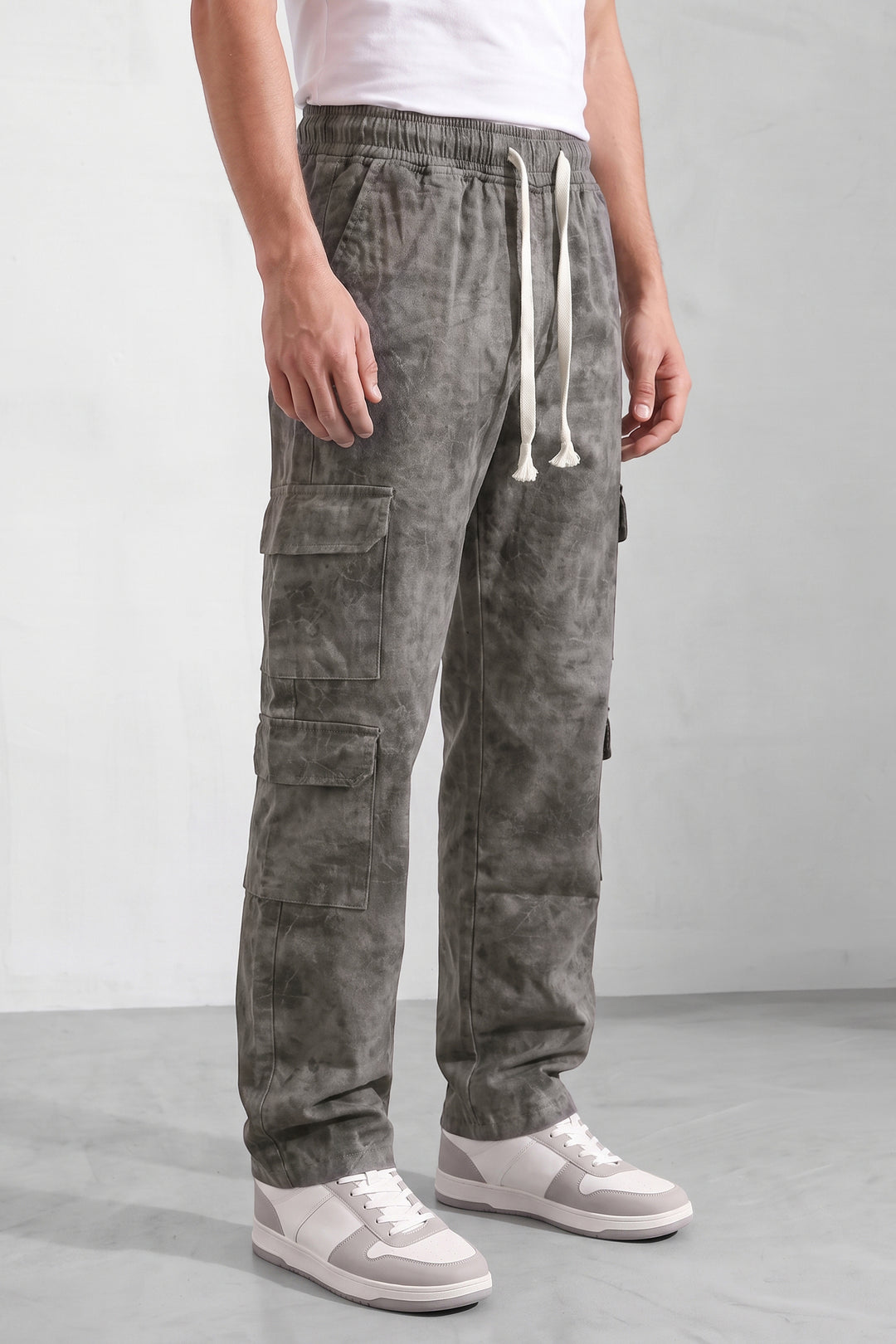Grey Mens 7 Pocket Cargo Pants with Elasticated Waist & Drawstring Closure