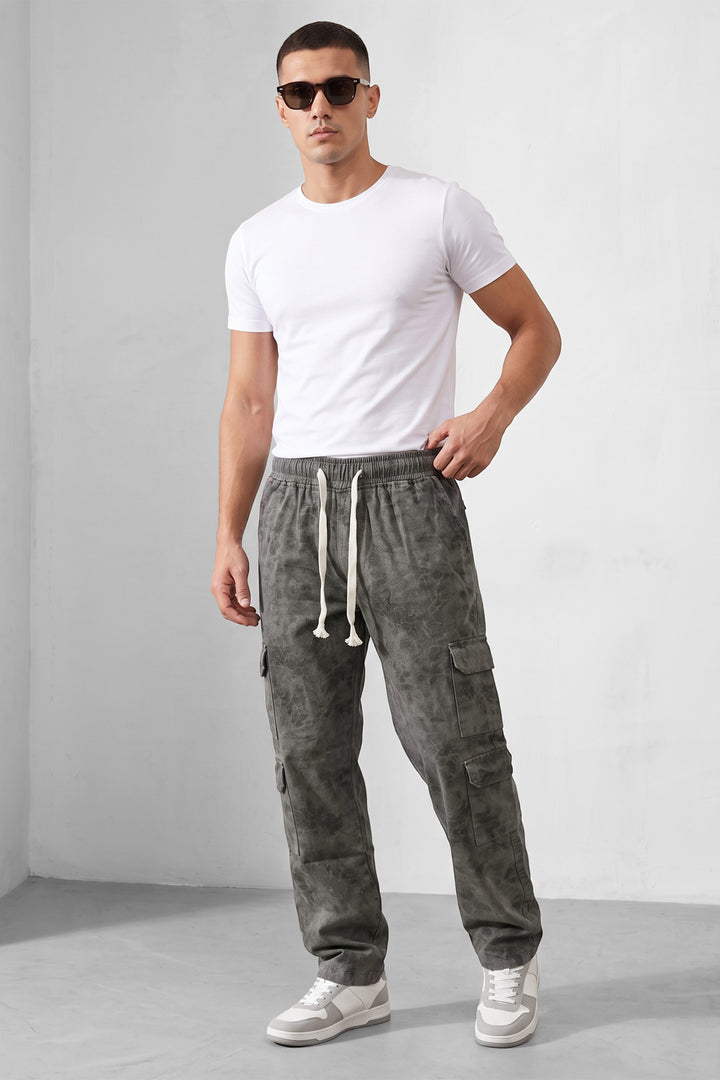 Grey Mens 7 Pocket Cargo Pants with Elasticated Waist & Drawstring Closure