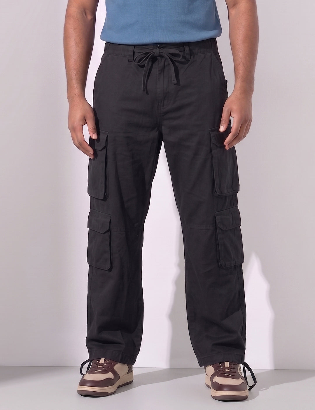Black Men Elasticated Waist Drawstring Closure Cargo Pant