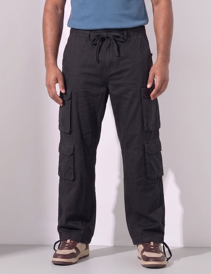 Black Men Elasticated Waist Drawstring Closure Cargo Pant