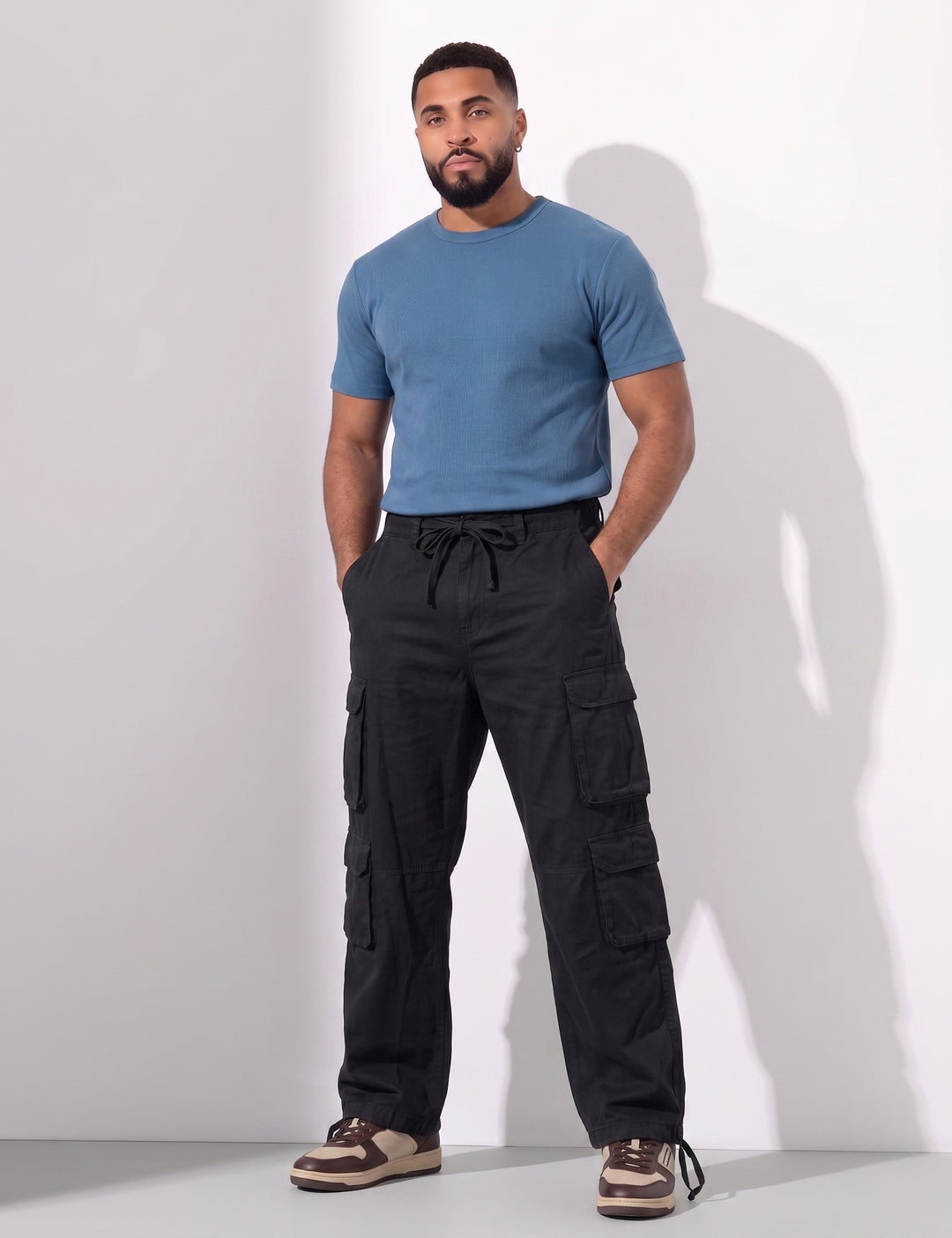 Black Men Elasticated Waist Drawstring Closure Cargo Pant