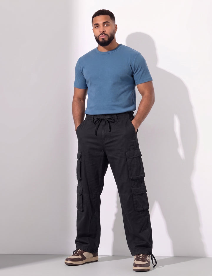Black Men Elasticated Waist Drawstring Closure Cargo Pant
