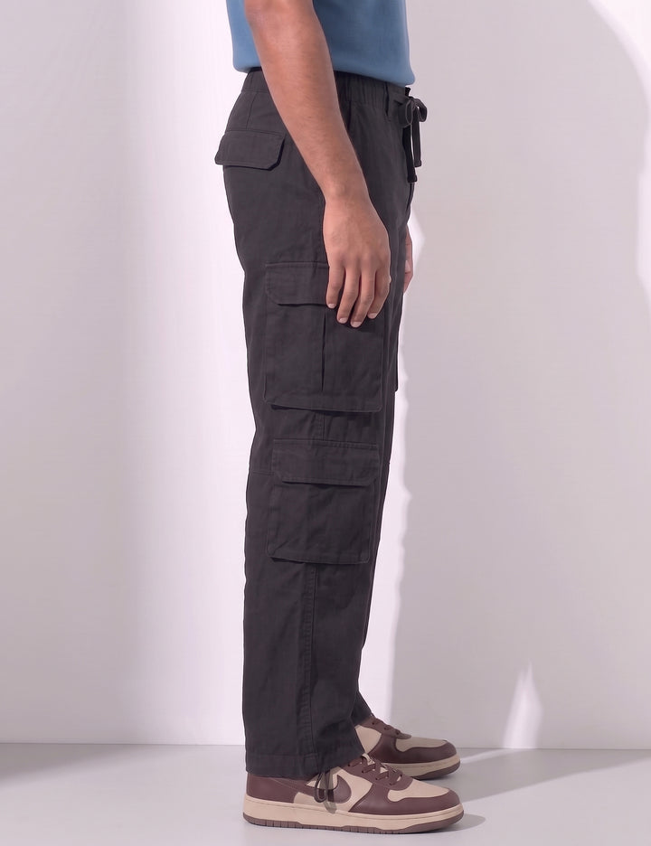 Black Men Elasticated Waist Drawstring Closure Cargo Pant
