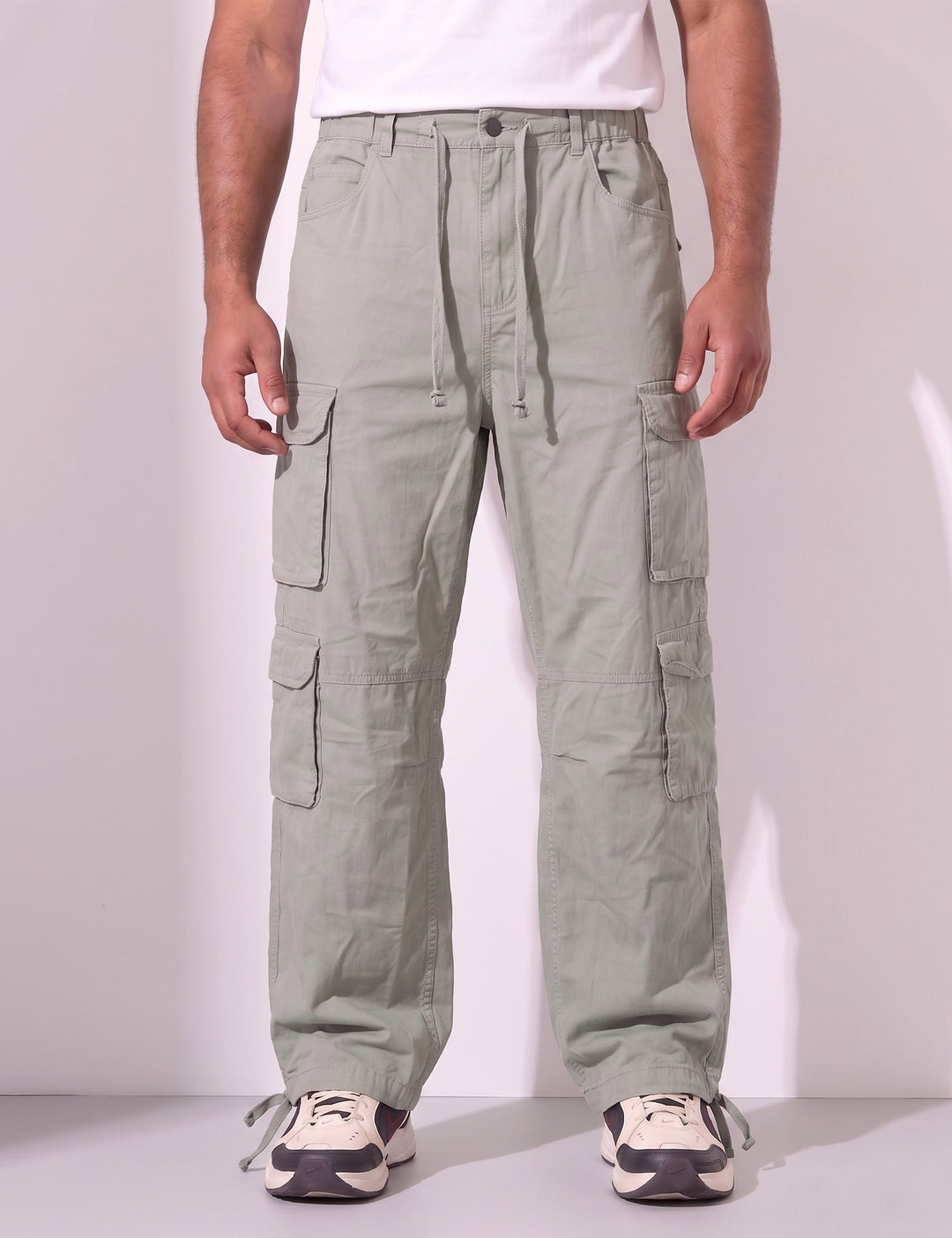 Light Grey Men Elasticated Waist Drawstring Closure Cargo Pant