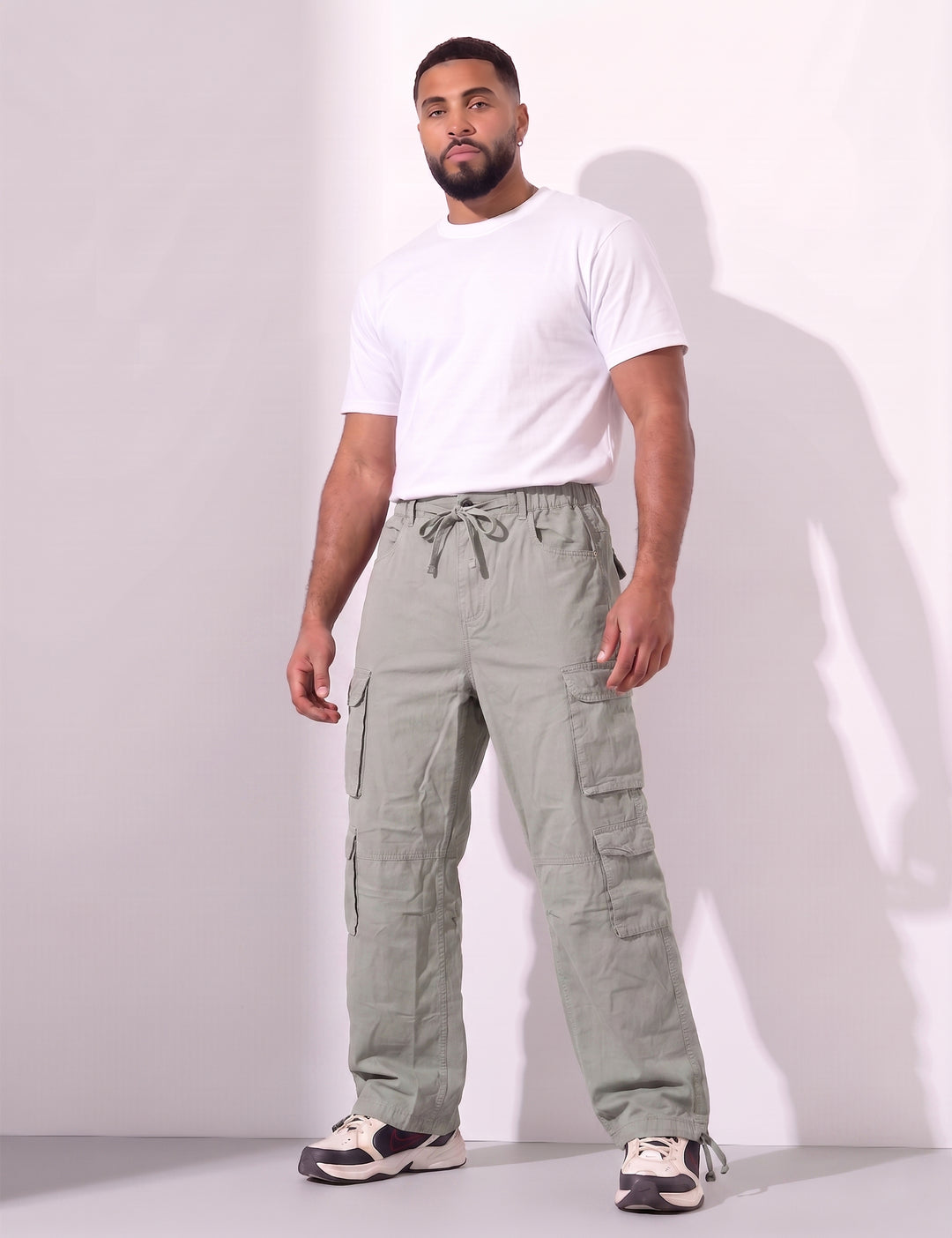 Light Grey Men Elasticated Waist Drawstring Closure Cargo Pant
