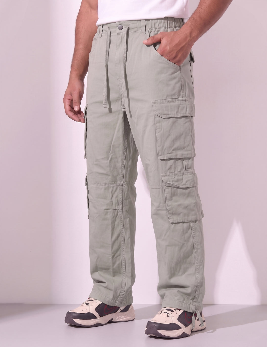 Light Grey Men Elasticated Waist Drawstring Closure Cargo Pant