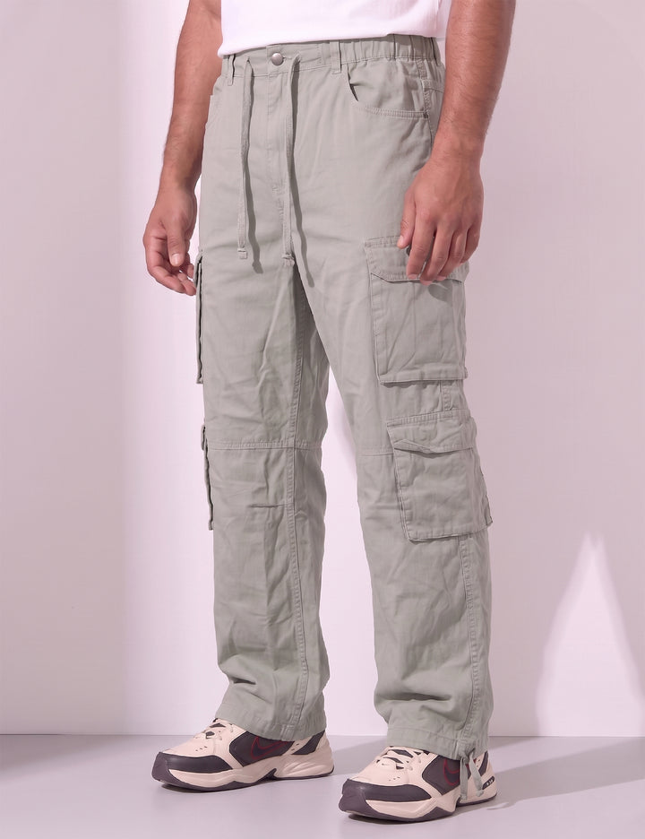 Light Grey Men Elasticated Waist Drawstring Closure Cargo Pant