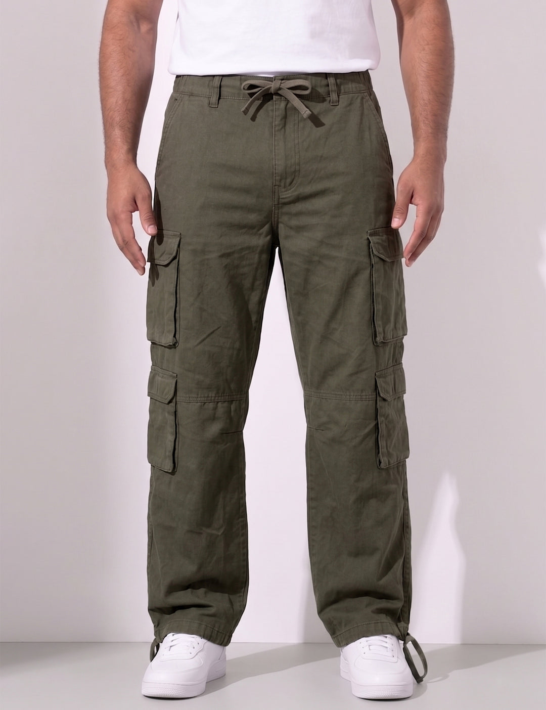 Olive Green Men Elasticated Waist Drawstring Closure Cargo Pant