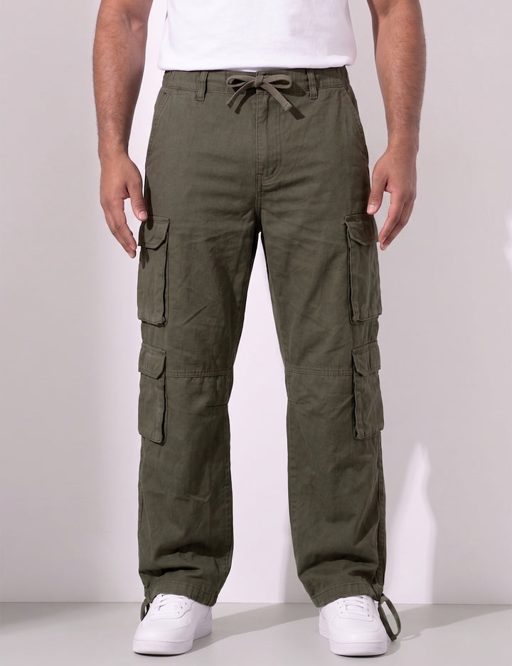 Olive Green Men Elasticated Waist Drawstring Closure Cargo Pant