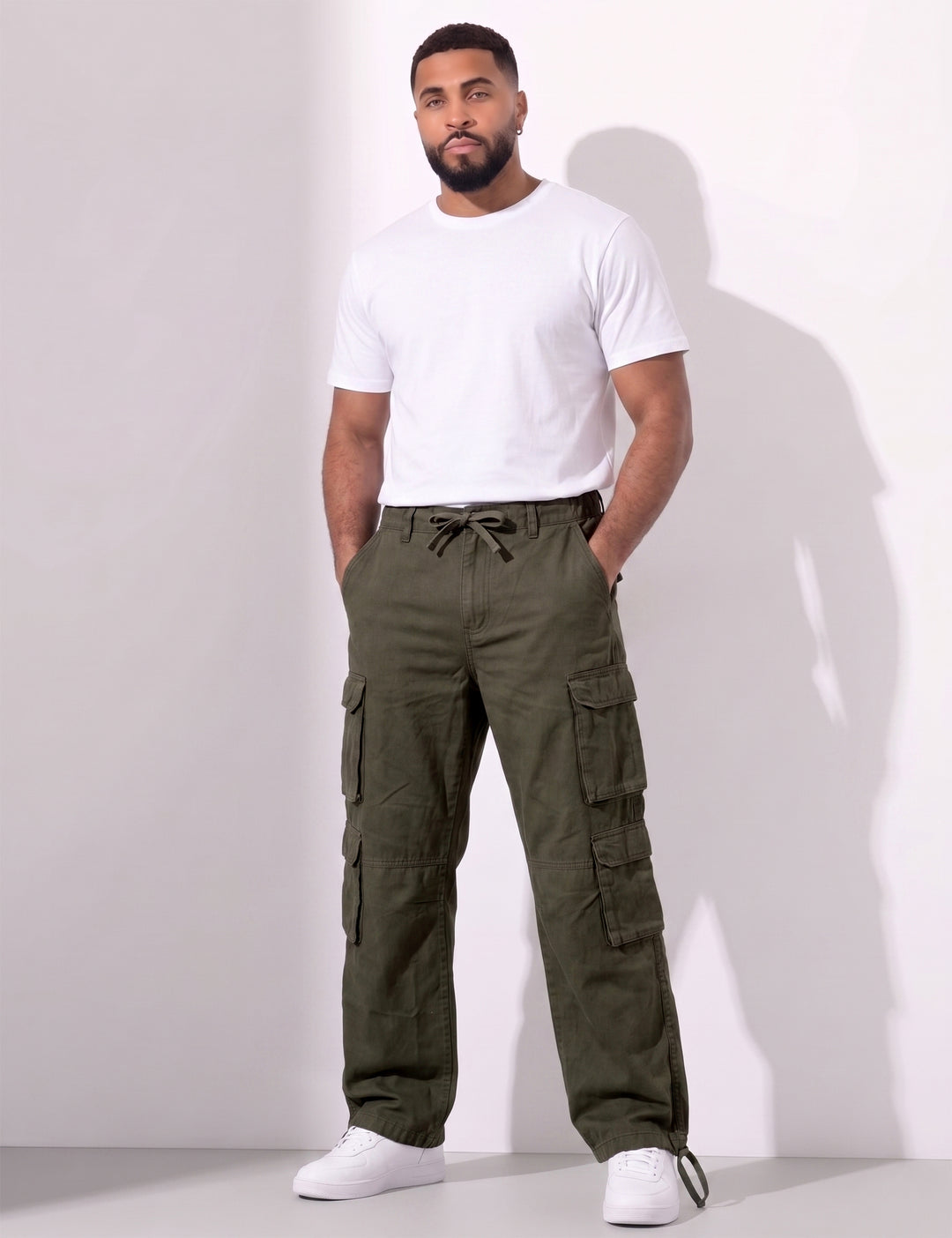 Olive Green Men Elasticated Waist Drawstring Closure Cargo Pant