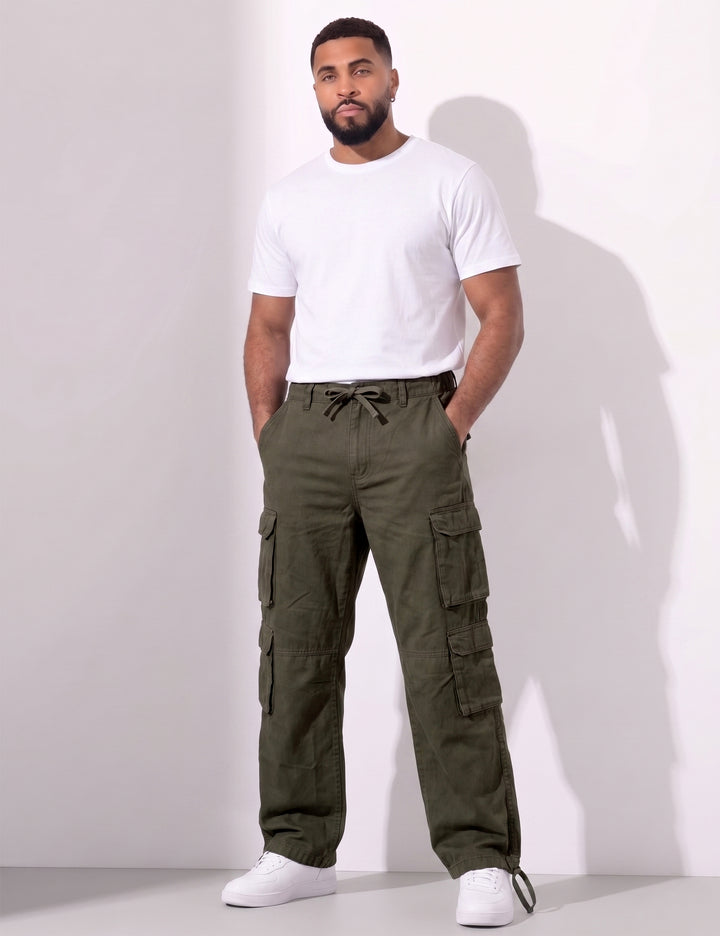 Olive Green Men Elasticated Waist Drawstring Closure Cargo Pant