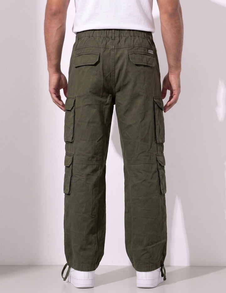 Olive Green Men Elasticated Waist Drawstring Closure Cargo Pant