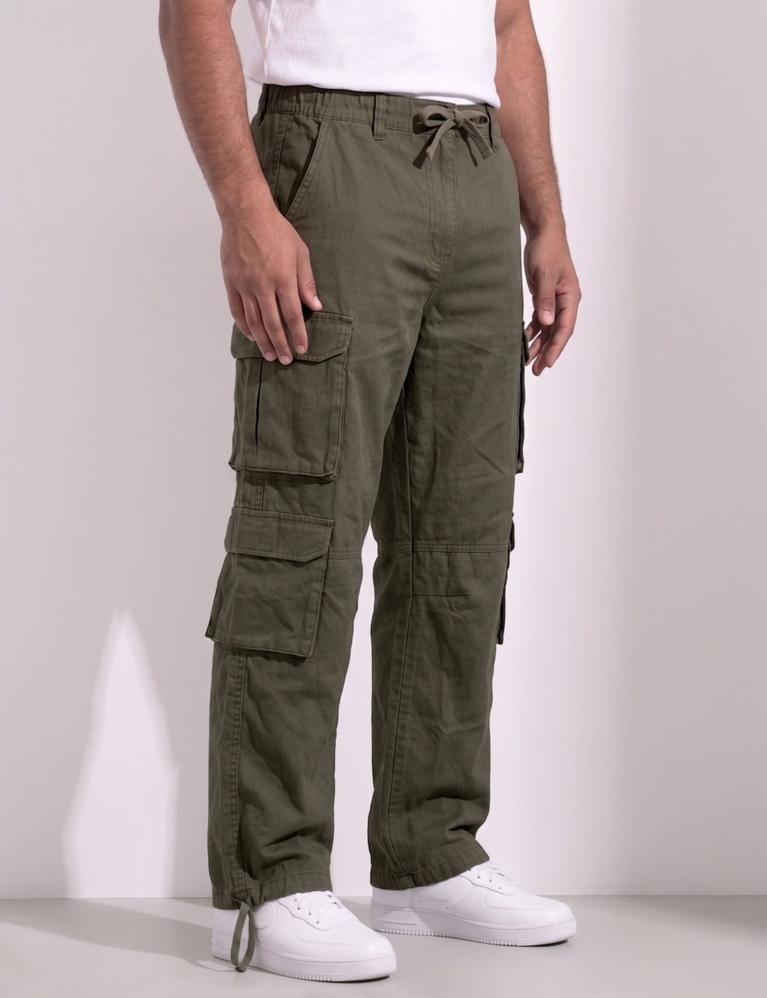 Olive Green Men Elasticated Waist Drawstring Closure Cargo Pant