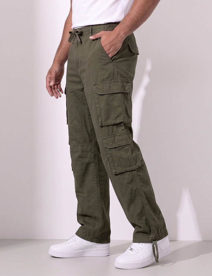 Olive Green Men Elasticated Waist Drawstring Closure Cargo Pant