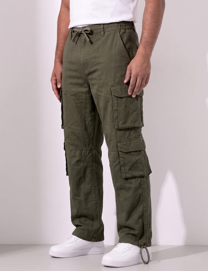 Olive Green Men Elasticated Waist Drawstring Closure Cargo Pant