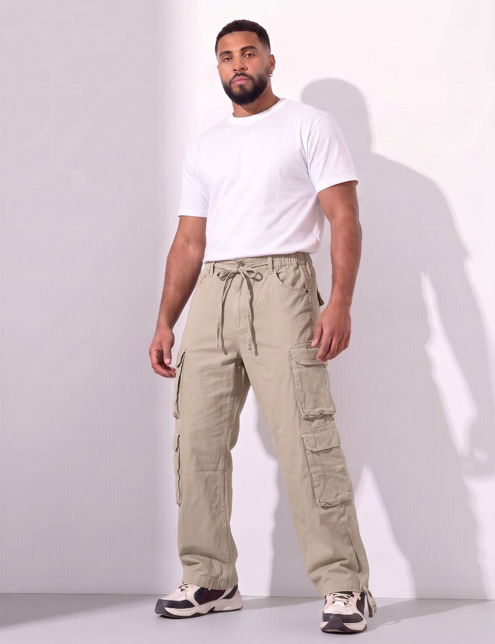 Men Elasticated Waist Drawstring Closure Cargo Pant