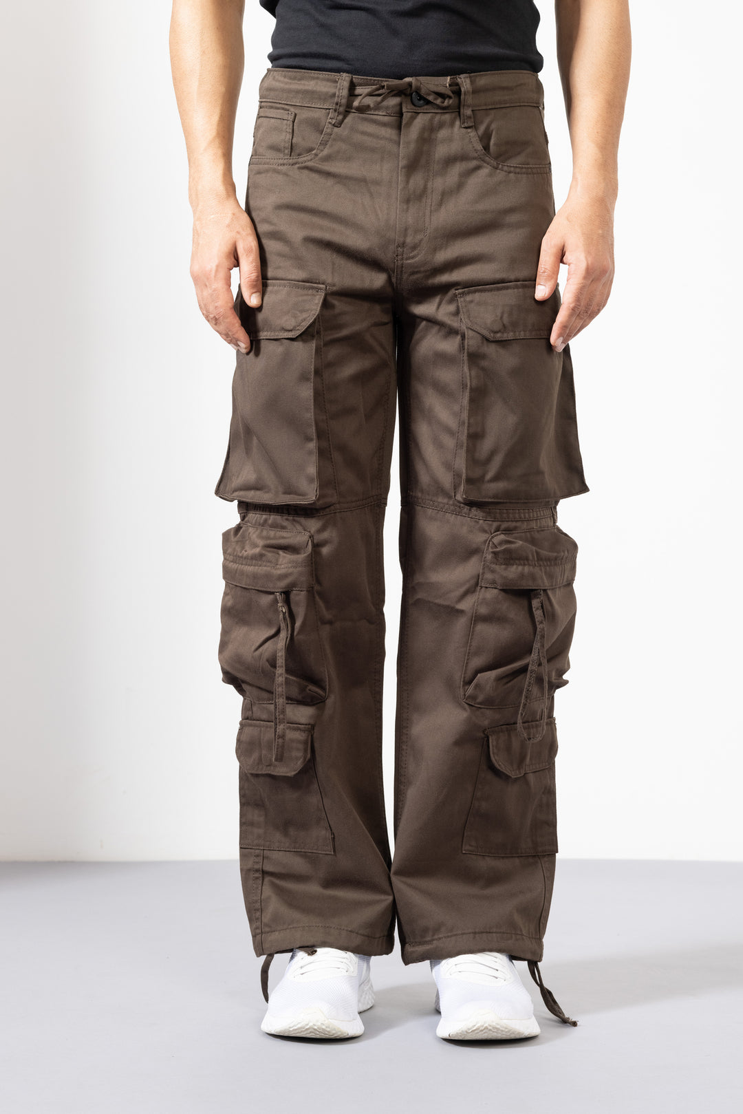 Brown Men Cotton Cargo Pants with Multiple Pockets