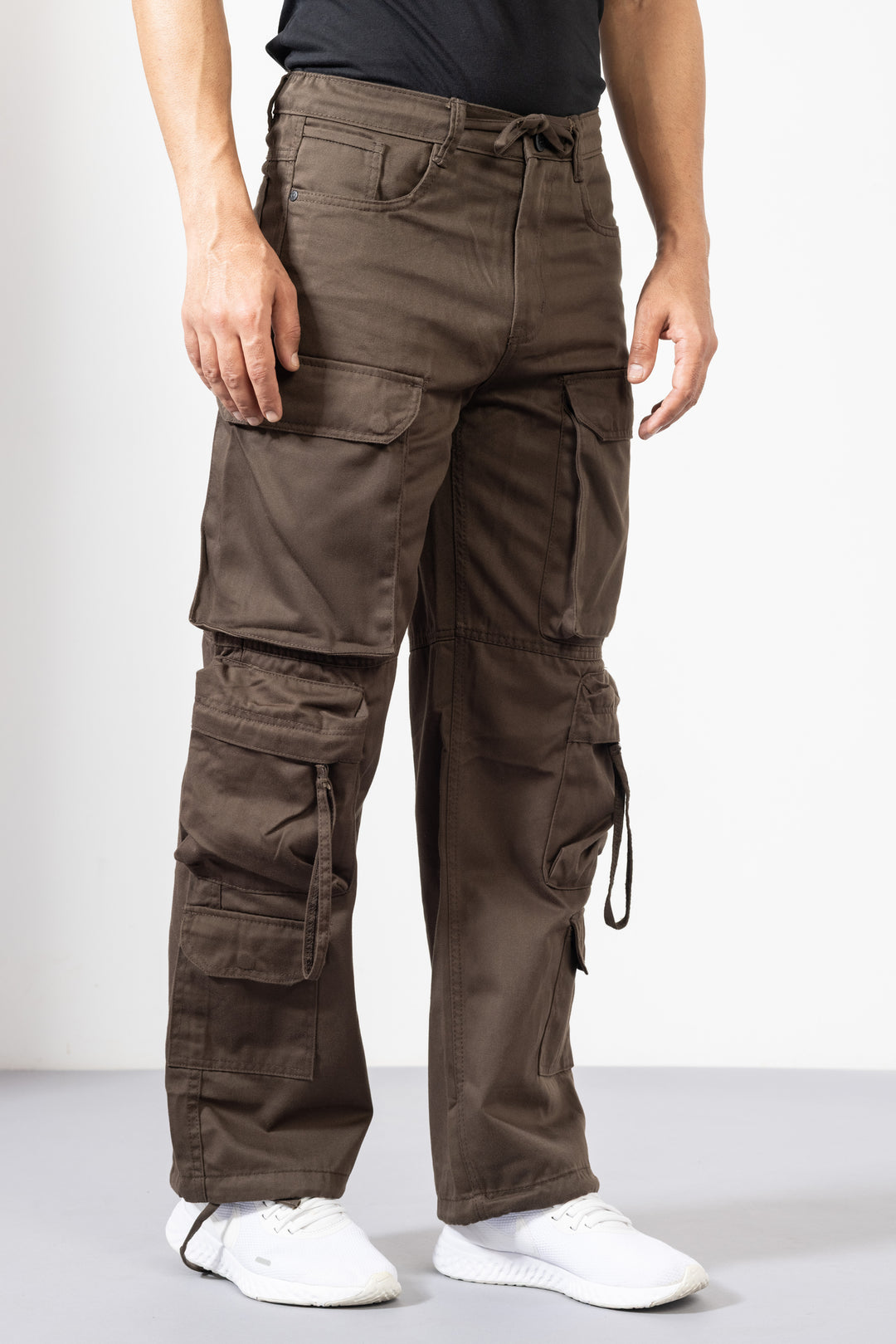 Brown Men Cotton Cargo Pants with Multiple Pockets