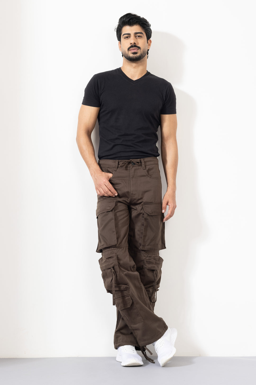 Brown Men Cotton Cargo Pants with Multiple Pockets