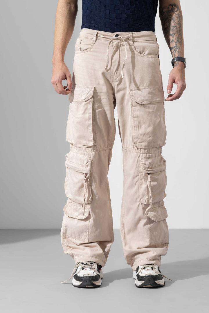 Cream Men Drawstring Cotton Cargo Pant