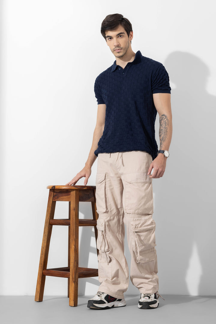 Cream Men Drawstring Cotton Cargo Pant
