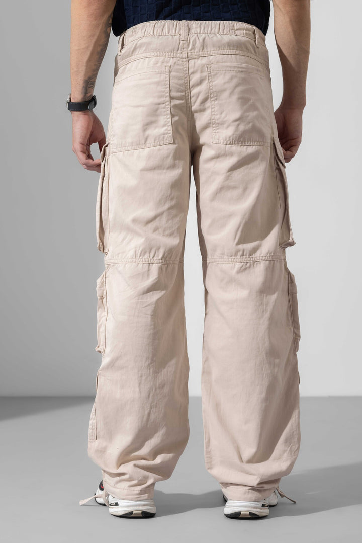 Cream Men Drawstring Cotton Cargo Pant