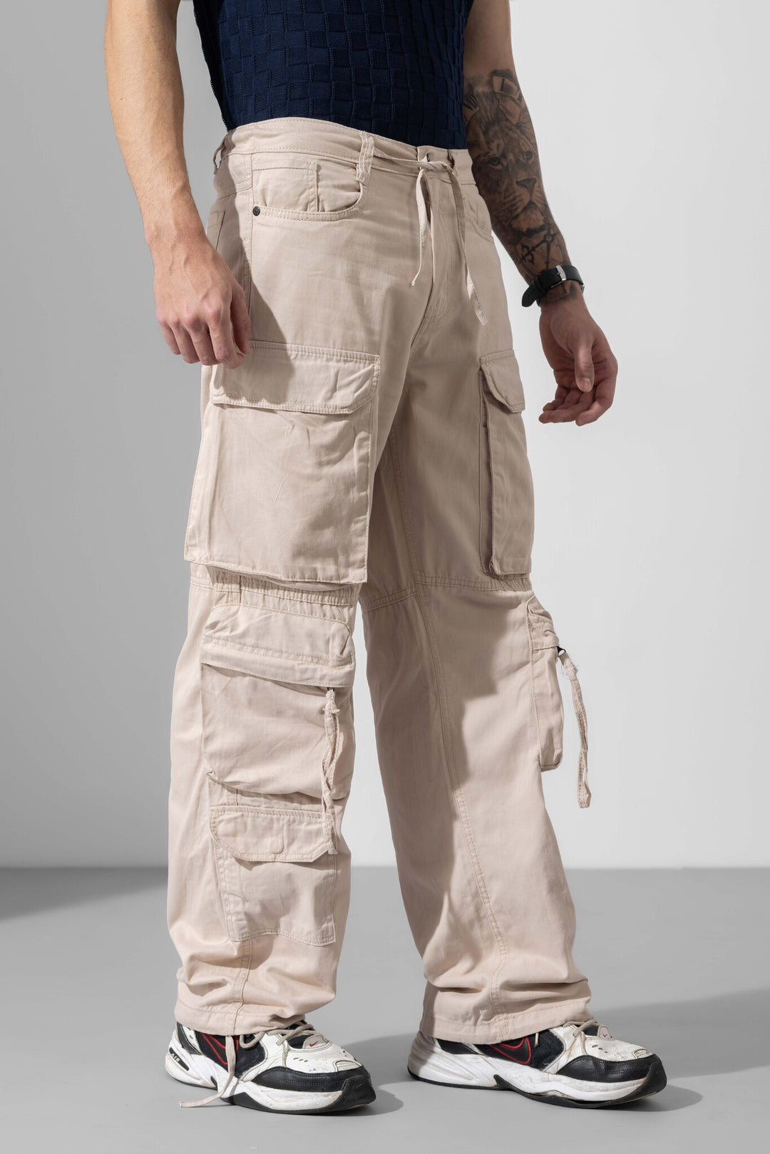 Cream Men Drawstring Cotton Cargo Pant
