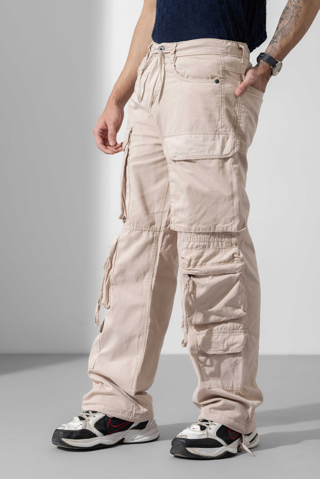 Cream Men Drawstring Cotton Cargo Pant
