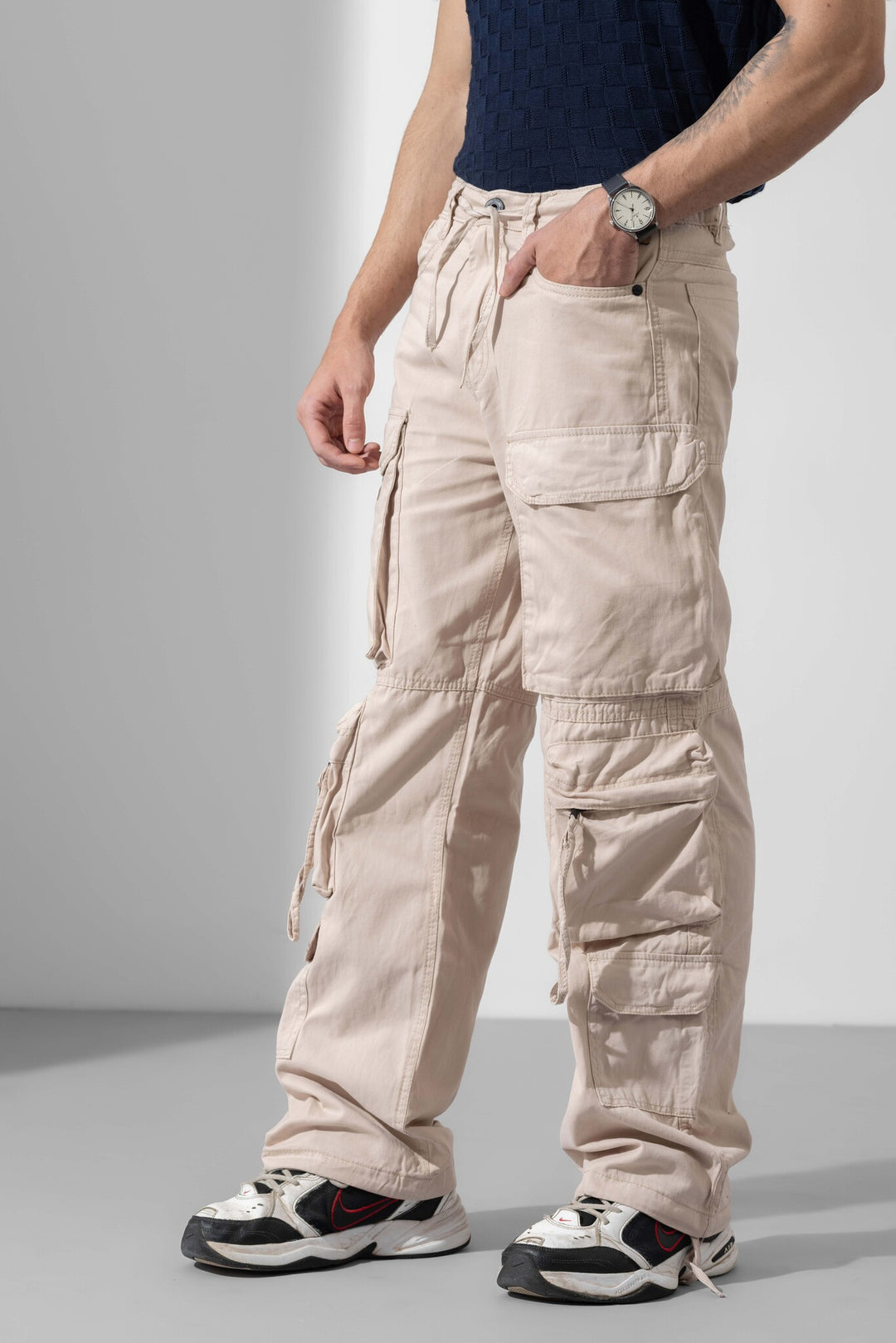 Cream Men Drawstring Cotton Cargo Pant