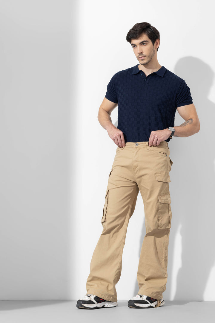 Beige Men Multipocket Solid Cargo Pant