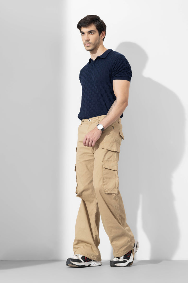 Beige Men Multipocket Solid Cargo Pant