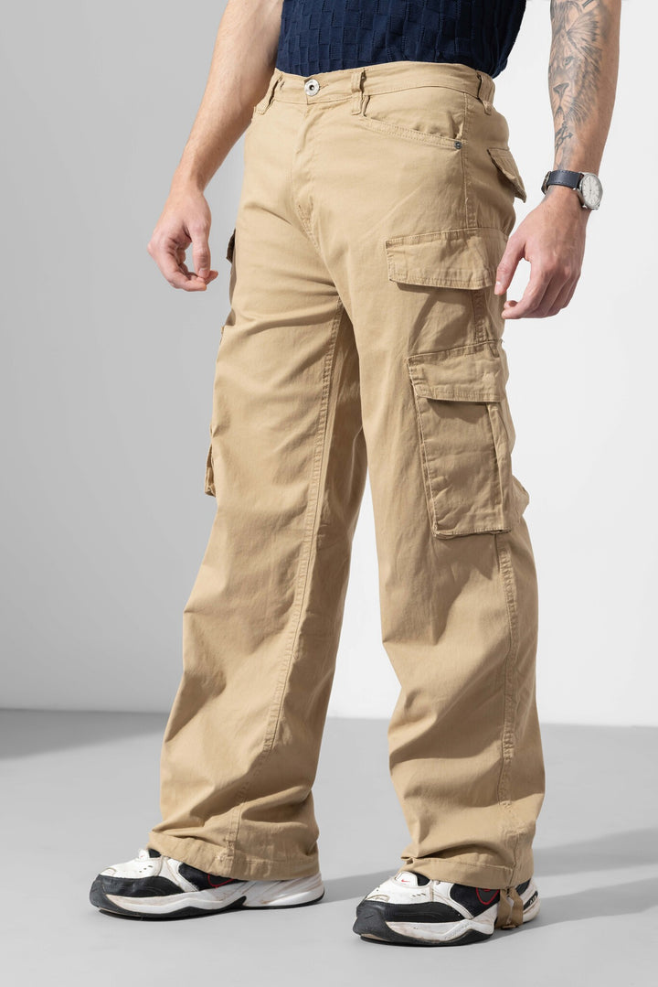Beige Men Multipocket Solid Cargo Pant